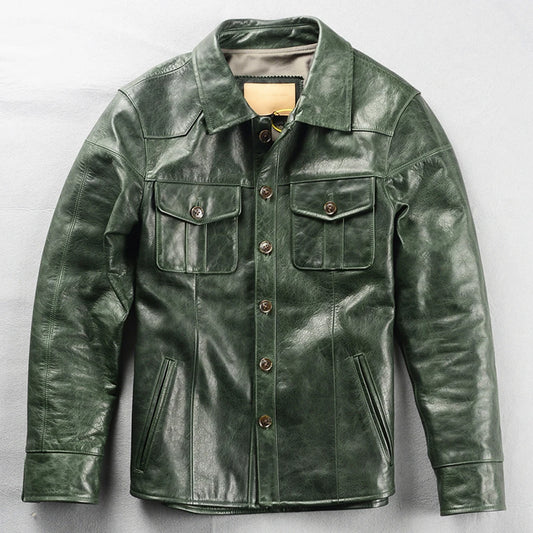 Big & Tall American M65 Horsehide Leather Jacket - Genuine Cowhide Overcoat in Green, Sizes Up to 6XL