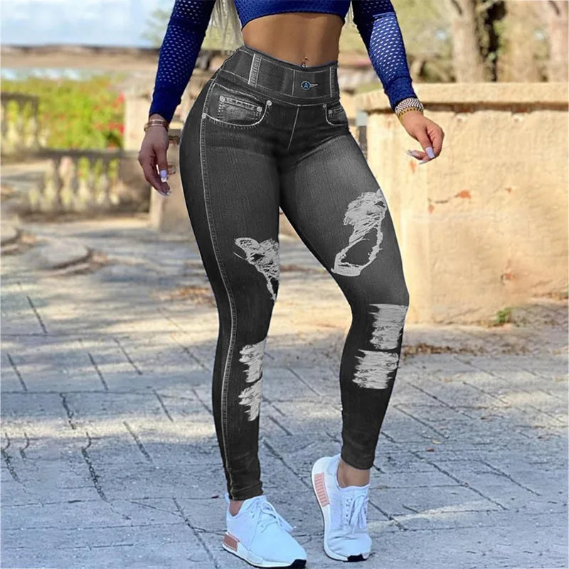 2024 Fall/Winter (XL.XXL.XXXL) Women's High-Waisted Elastic Denim-Look Leggings for Fitness and Yoga