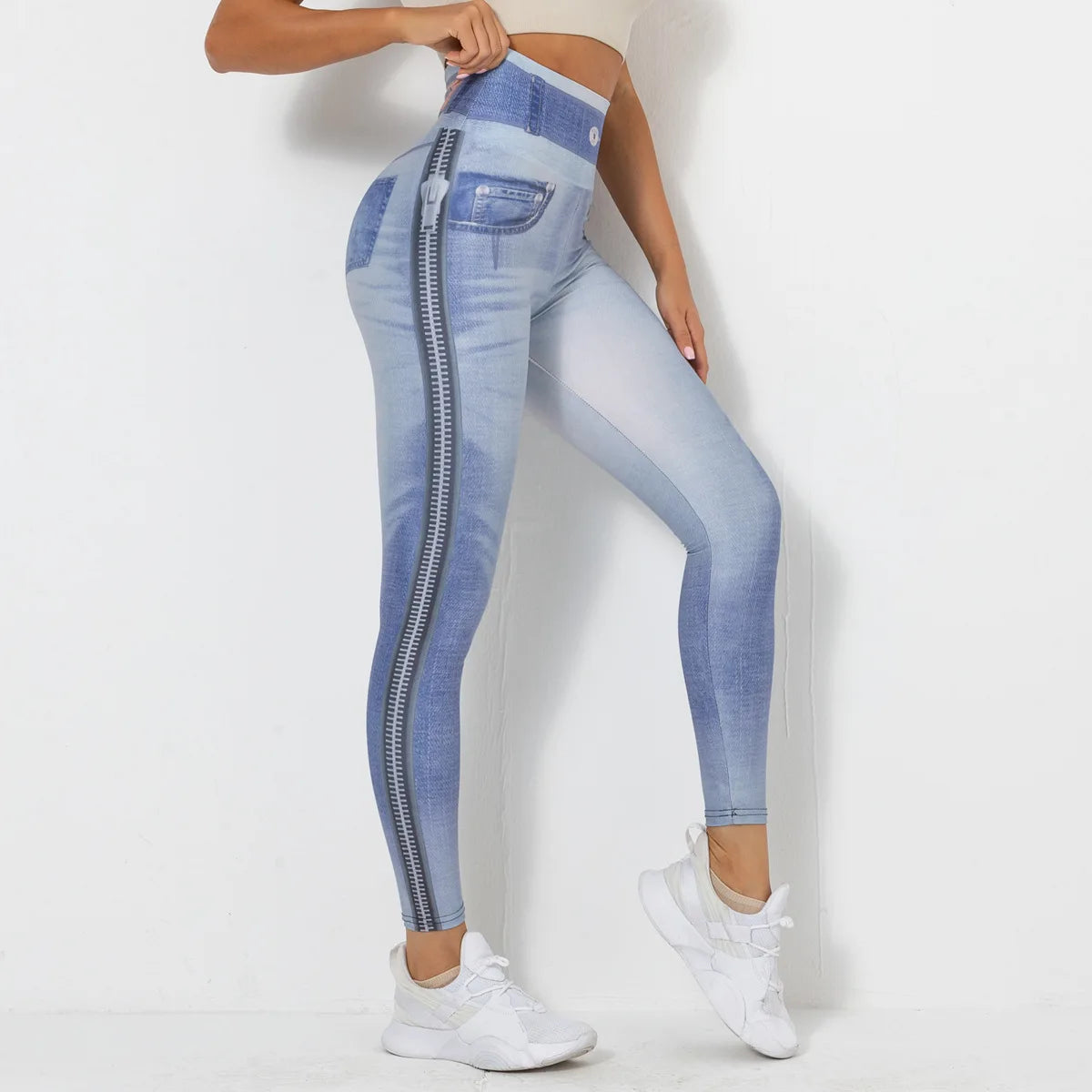 High Waist Scrunch Yoga Leggings for Women - Denim-Look Push Up Fitness Tights