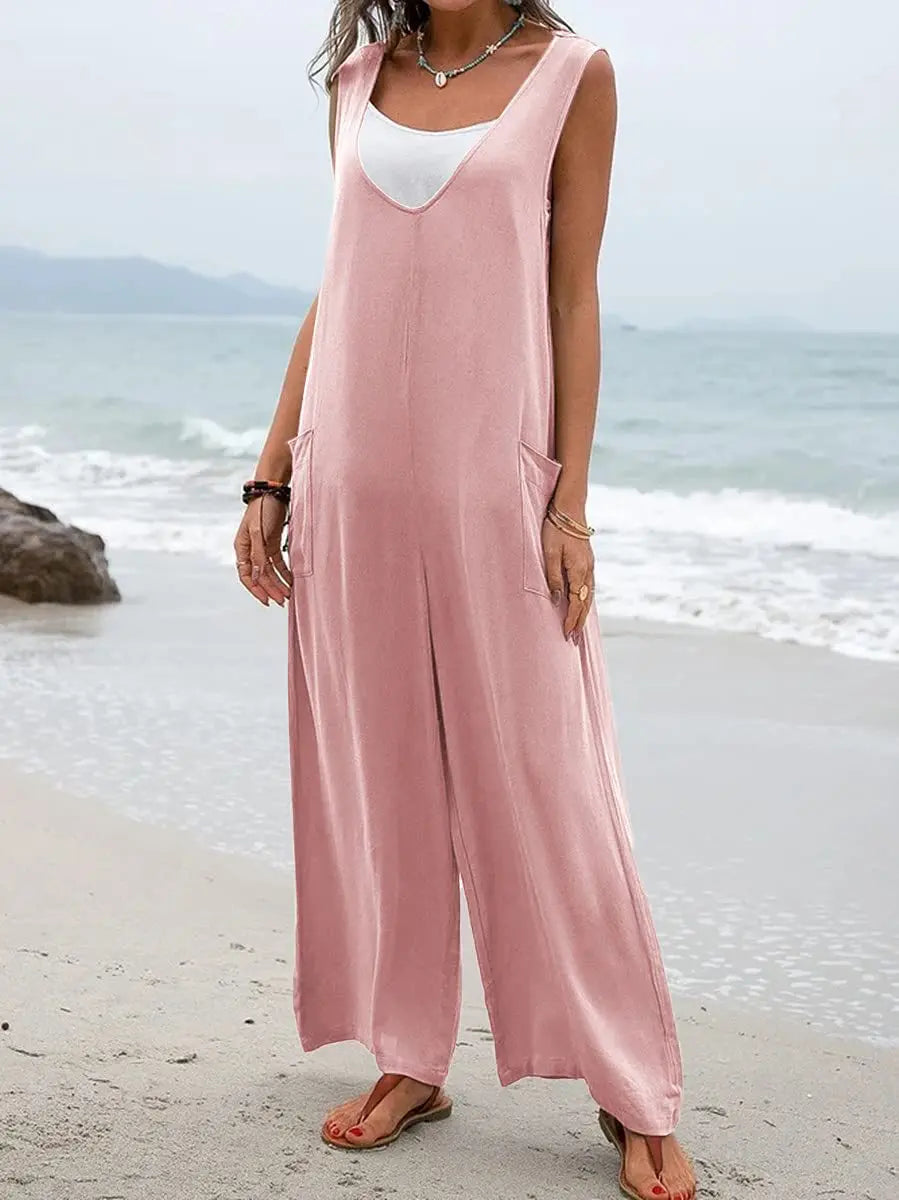 2024 Summer Solid Color V-Neck Wide-Leg Jumpsuit with Patch Pockets for Fashionable Look in Europe and the USA