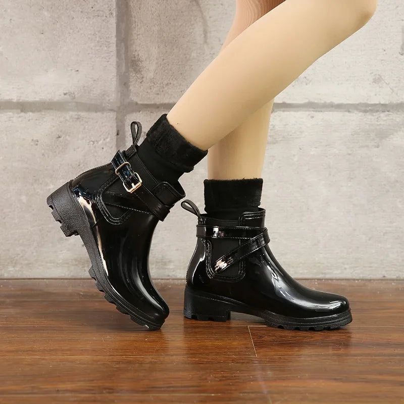 Stylish Waterproof Ankle Rain Boots for Women - PU Leather Slip-On Booties for All Seasons