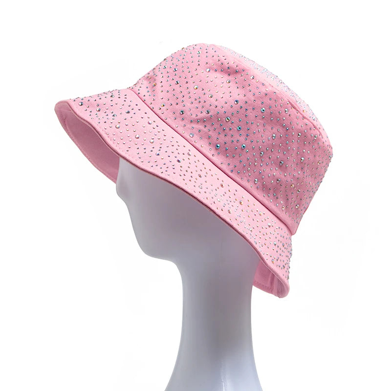 Chic Rhinestone-Studded Y2K Bucket Hat for Women - Stylish Cotton Panama Cap for Spring and Summer Escapades