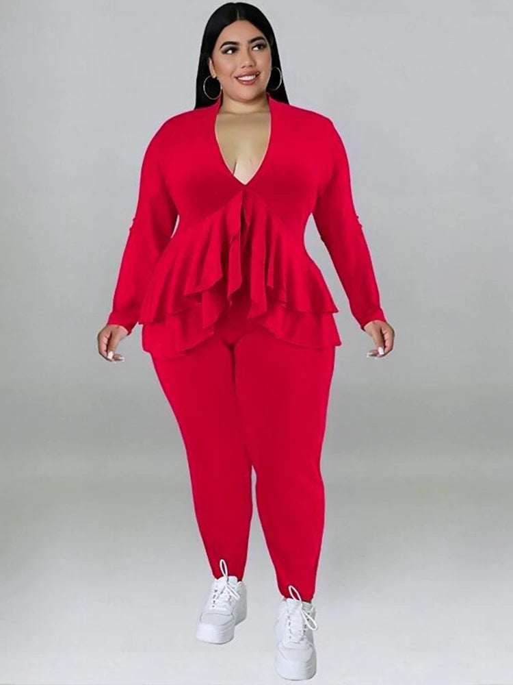 Chic Plus Size Women's Elegant Two-Piece Ruffle Blazer and Pants Suit Set for Stylish Comfort