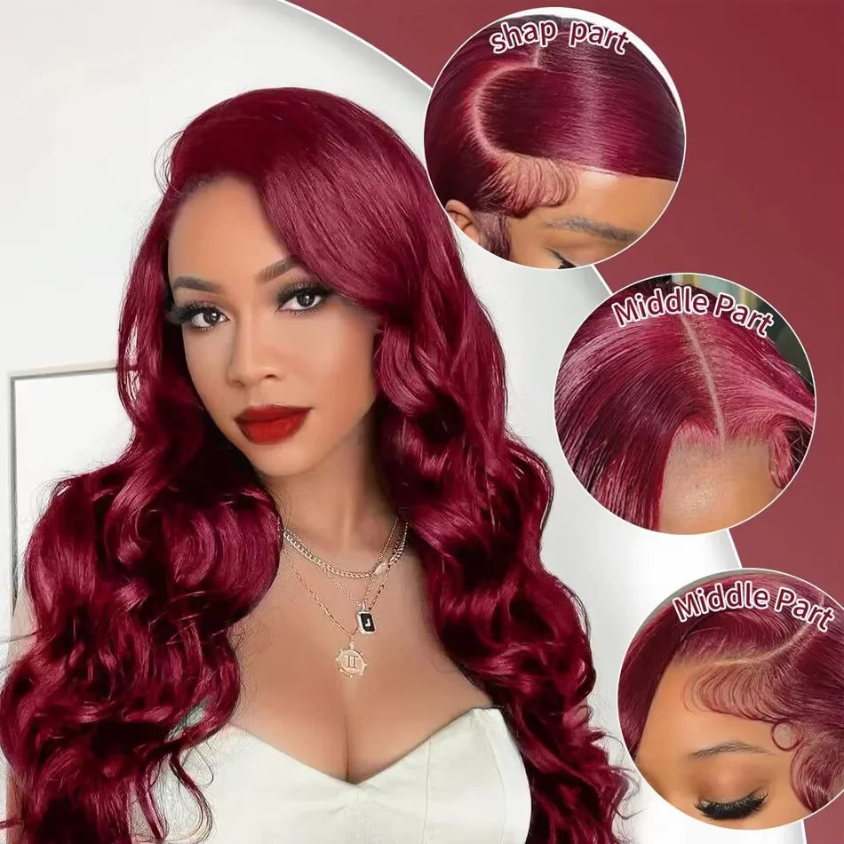 Burgundy Body Wave Lace Front Human Hair Wig for Black Women - 99J Remy HD Frontal Hairpiece