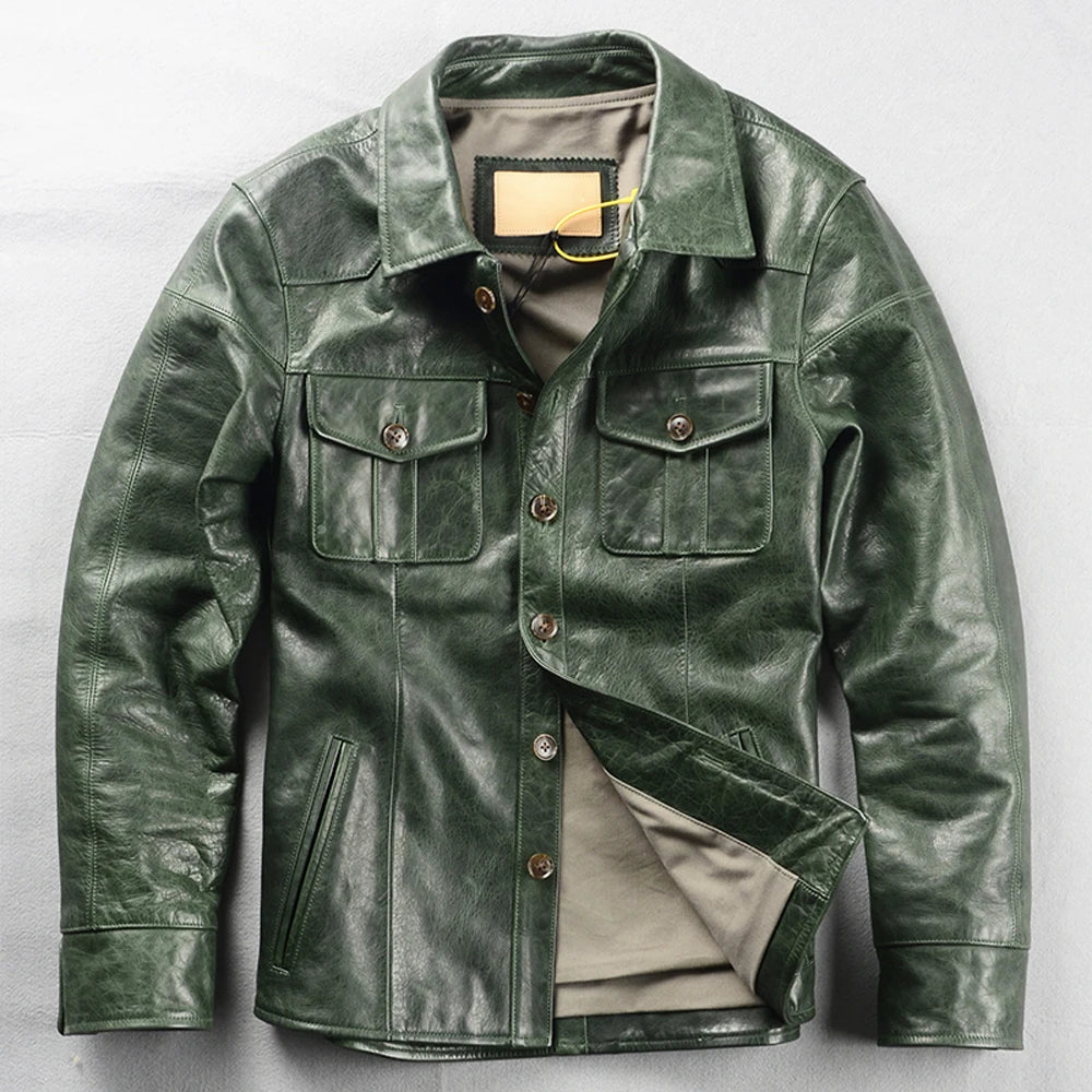 Big & Tall American M65 Horsehide Leather Jacket - Genuine Cowhide Overcoat in Green, Sizes Up to 6XL