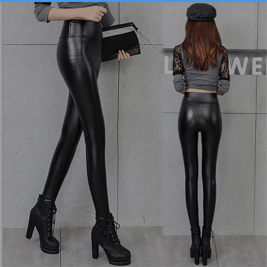 High Waist Fleece Lined Winter Leggings for Women - Thick Warm Lamb Fluff Slim Fit Pencil Pants in Black