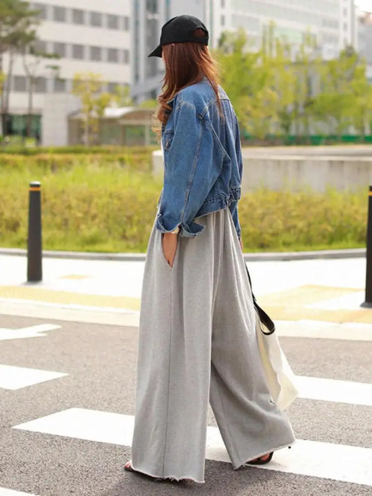 Bohohipei 2024 New Women Palazzo Pants Black Grey Color Spring Summer Fashion Casual High Waisted Wide Leg Trousers Bottoms