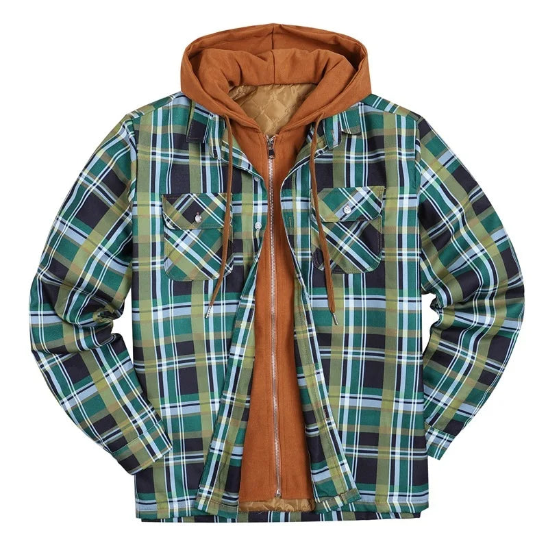 Oversized Men's Quilted Plaid Flannel Hooded Winter Coat