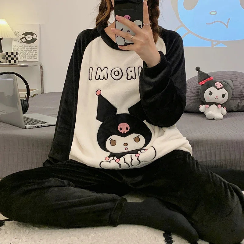 Cozy Sanrio Kuromi Winter Pajama Sets for Women - Adorable Soft Sleepwear & Cartoon Home Wear Gift