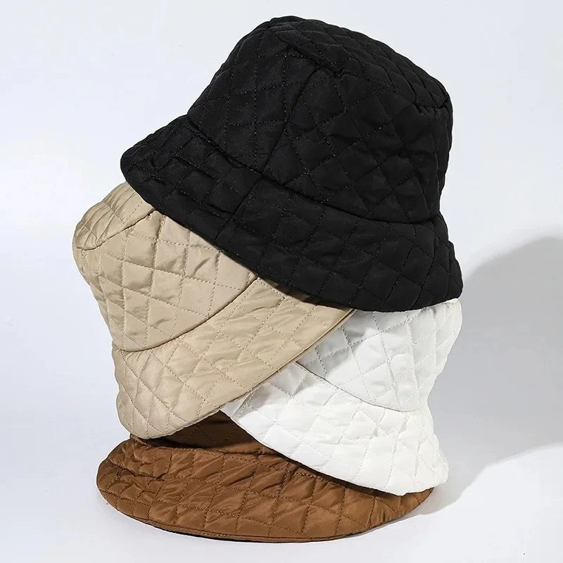 Chic Rhombus Design Winter Bucket Hat for Women - Premium Lightweight Down Cotton Fisherman Cap