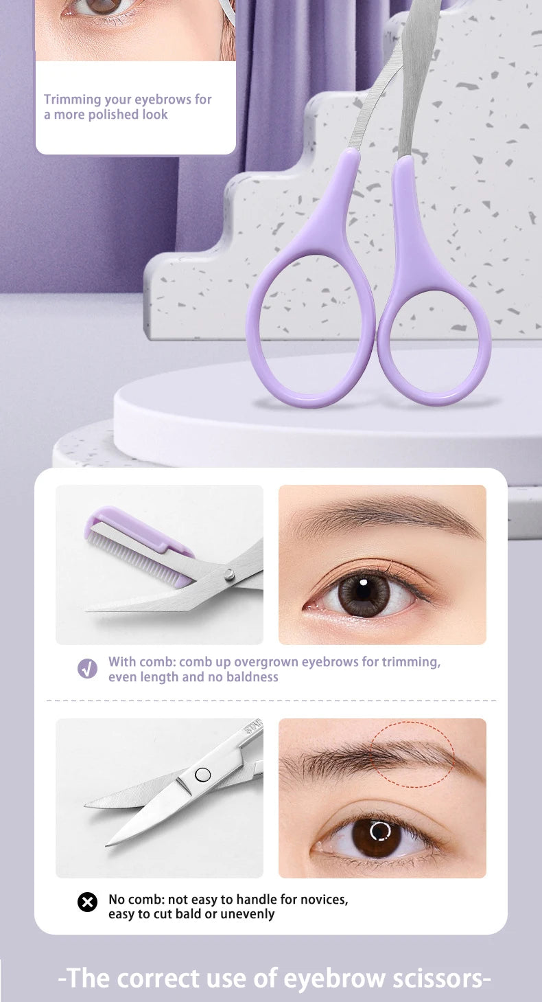 Fashionable Purple Eyebrow Grooming Kit: Foldable Trimmer, Comb, Scissors & Precision Tweezers - 2023 Collection