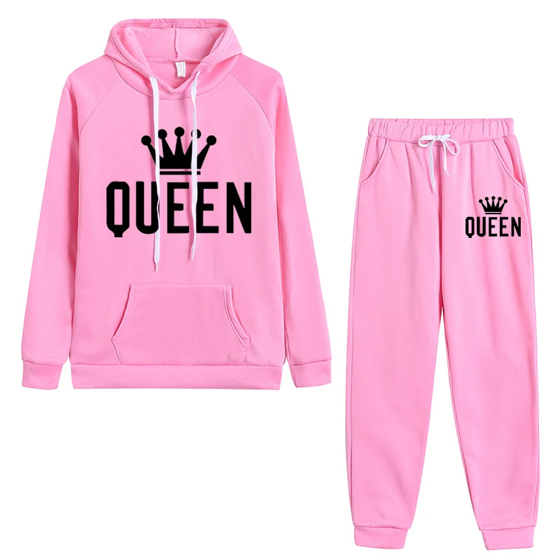 Queen Printing Womens Outfits Fashion Trend Hooded Sweatshirt Suit Casual Jogging Clothing Autumn Winter Hot Sales Pants Set