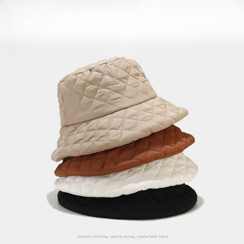 Chic Rhombus Design Winter Bucket Hat for Women - Premium Lightweight Down Cotton Fisherman Cap