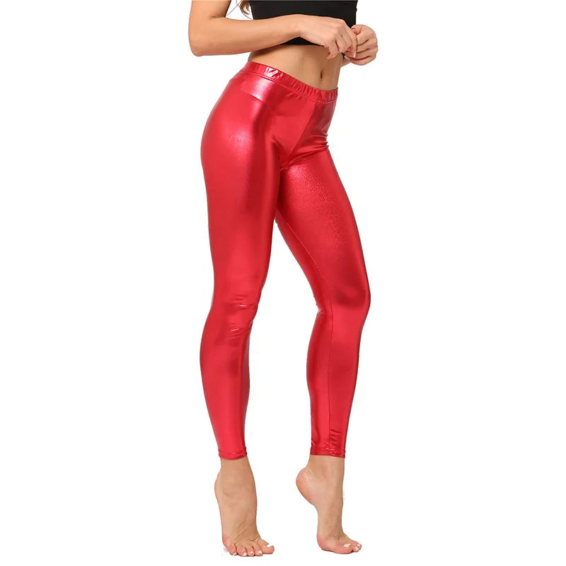 Glamorous Stretchy Fitness Leggings for Women - Shiny Clubwear Trousers in Silver, Black, Gold, and Red - Elastic Skinny Sport Fashion Pants