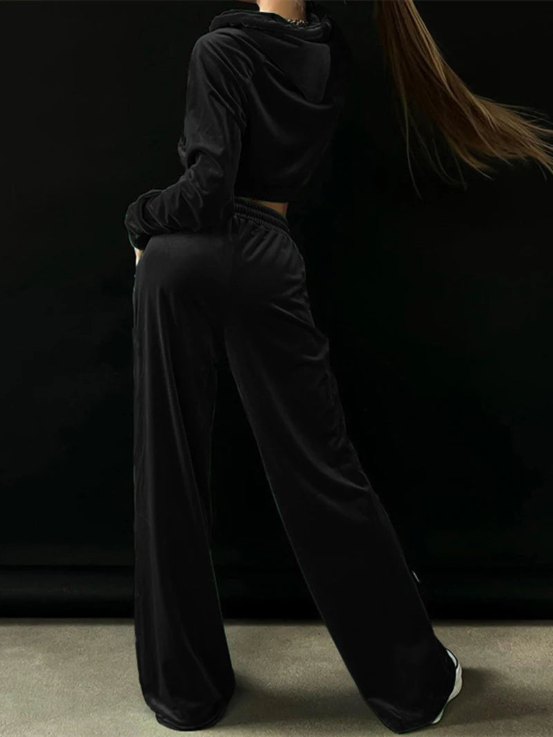 Chic Velvet Two-Piece Tracksuit for Women - Autumn Zip Hoodie and Crop Top with Pants Set