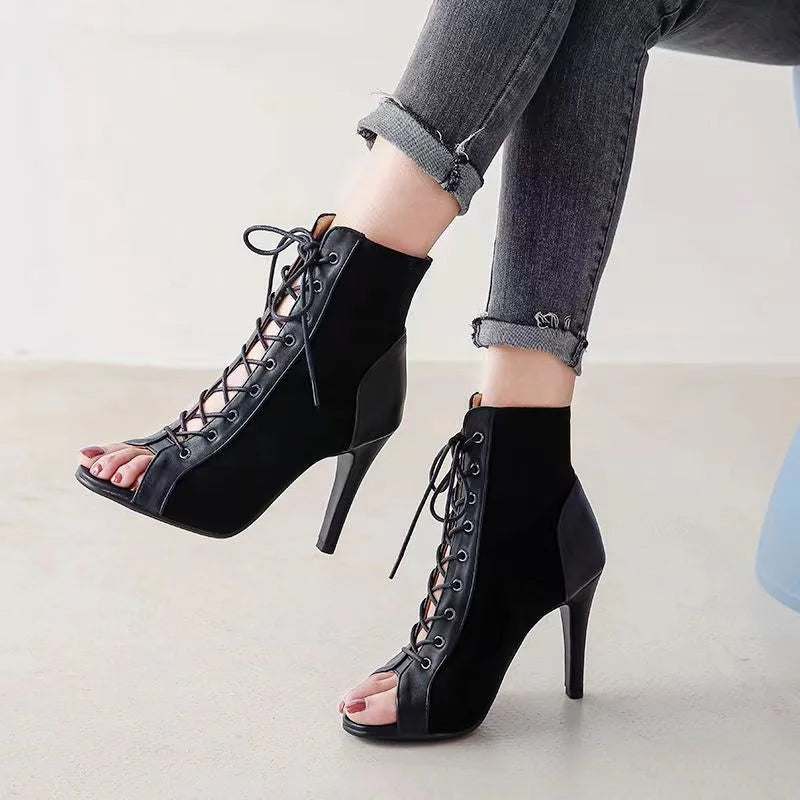 Lace-Up Peep Toe Stiletto Heels for Women - Sexy Hollow Mesh Sandals for Summer 2022