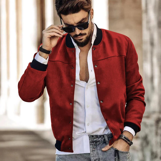 Men's Suede Button-Up Cardigan Jacket with Standing Collar for Spring and Autumn Casual Wear