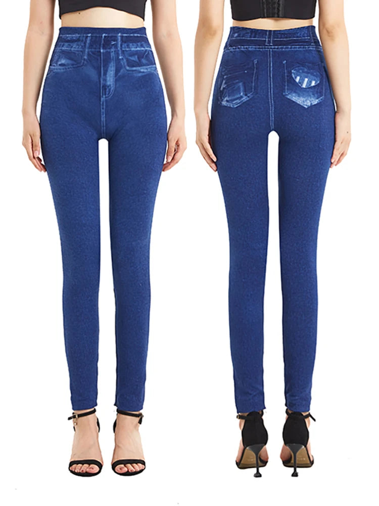 High Waist Plus Size Faux Denim Leggings for Women - Stretchy Casual Jeggings in Solid Blue