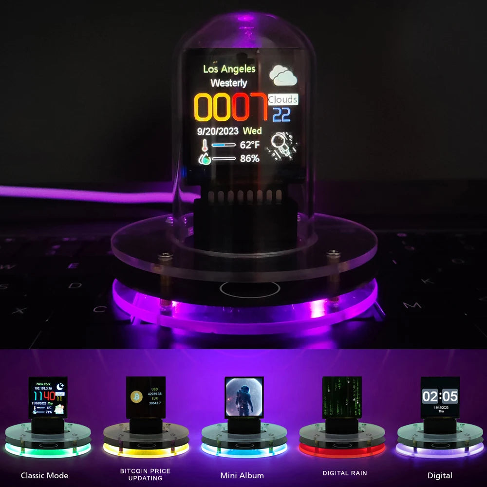 Crypto Chic Nixie Tube Alarm Clock with Custom RGB Lighting & Personal Photo Gallery