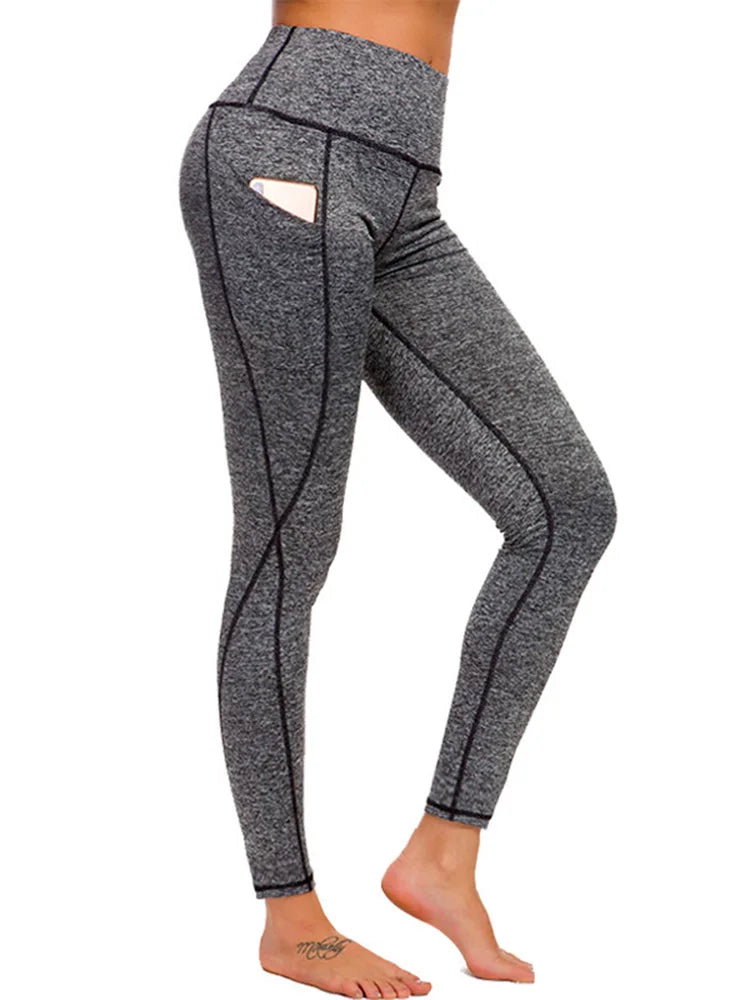 High Waisted Polyester Yoga Leggings with Pockets - Women's Fitness Trousers for Gym and Casual Wear