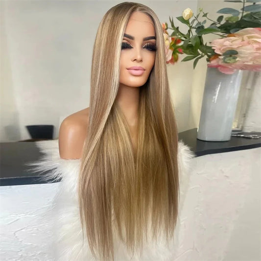 Glueless Ombre Honey Blonde Human Hair Wig with Brown Highlights - 13x4 HD Lace Front Straight Style for Women