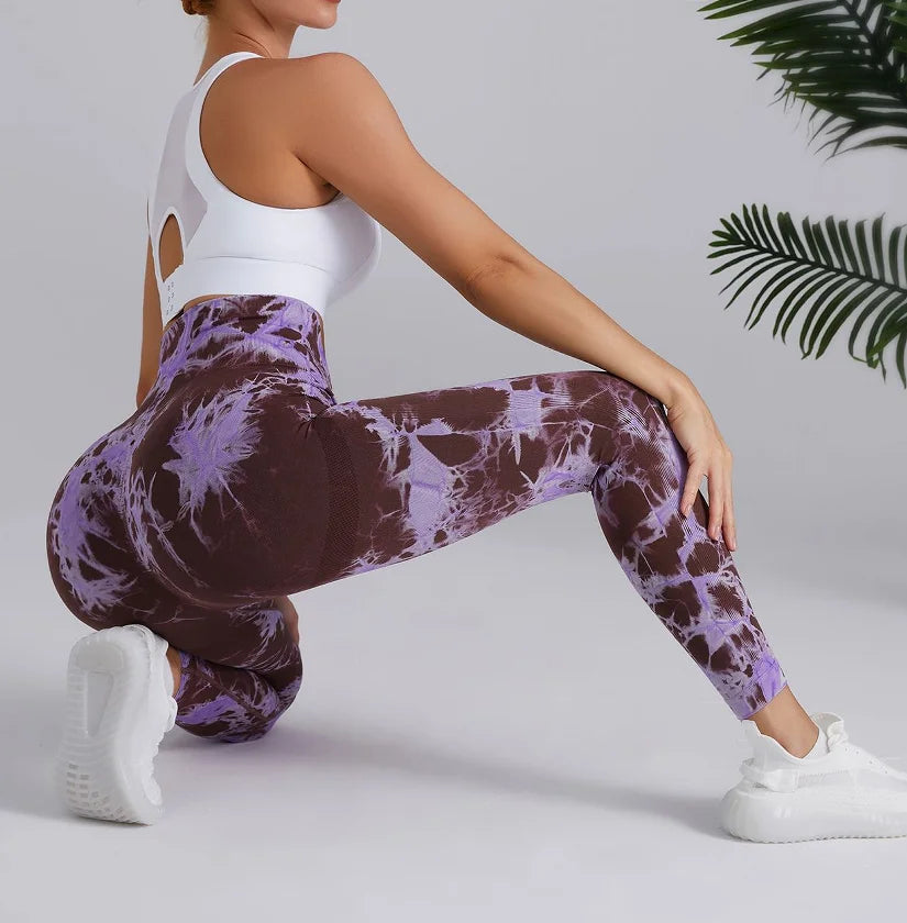 Colorful Tie-Dye High-Waisted Seamless Leggings for Women's Gym and Pilates Fitness