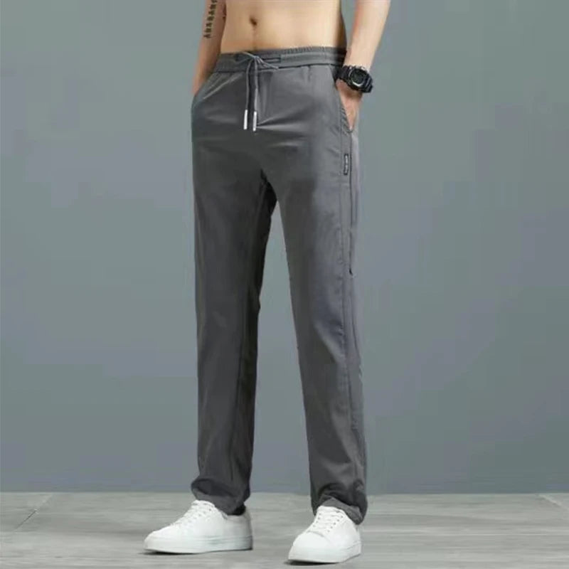 Men's Lightweight Ice Silk Summer Trousers - Quick-Dry Casual Sports Pants with Pockets