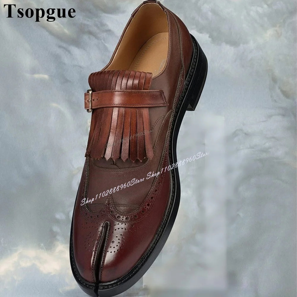 Elegant Brown Tasseled Buckle Strap Split Toe Flats for Men - Stylish Casual & Party Footwear 2024