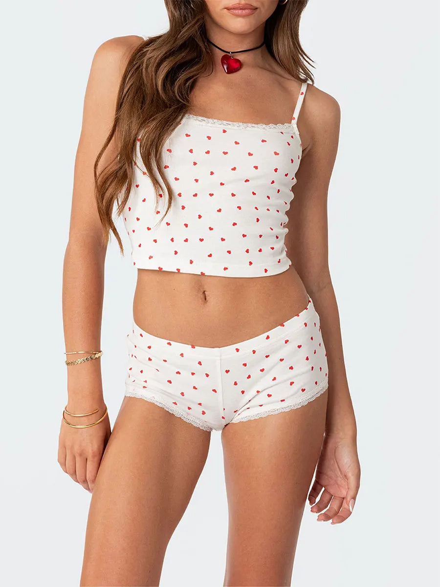 Lace-Trimmed Heart Print Women's Summer Two-Piece Pajama Set with Cropped Camisole and Elastic Waist Shorts