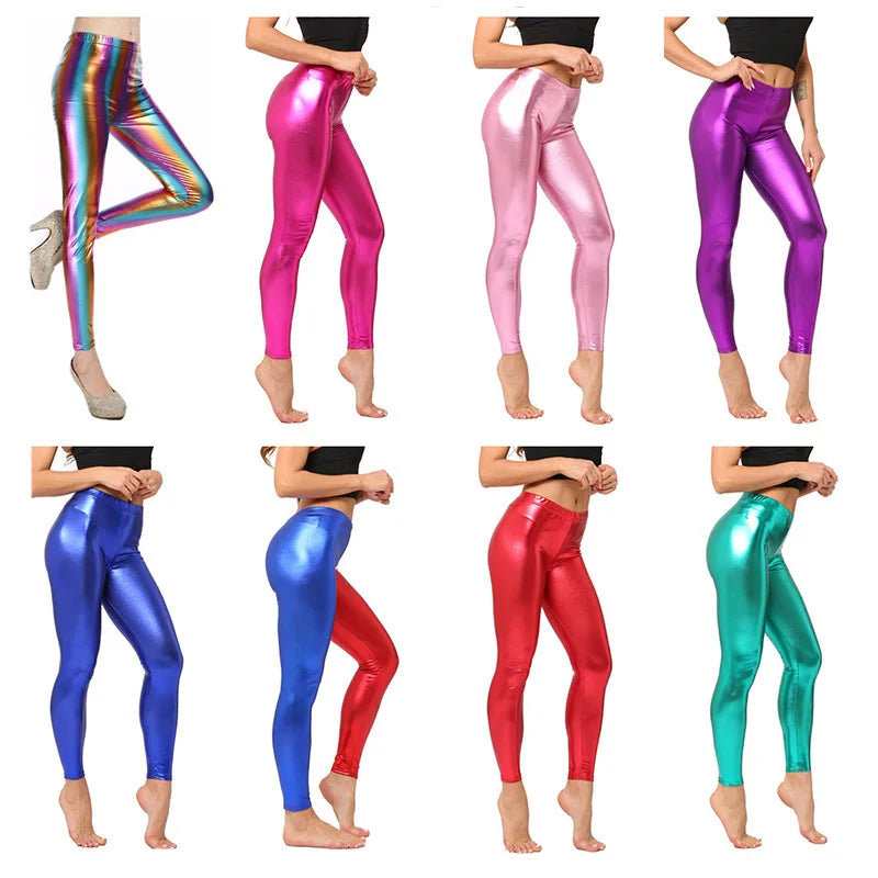 Glamorous Stretchy Fitness Leggings for Women - Shiny Clubwear Trousers in Silver, Black, Gold, and Red - Elastic Skinny Sport Fashion Pants