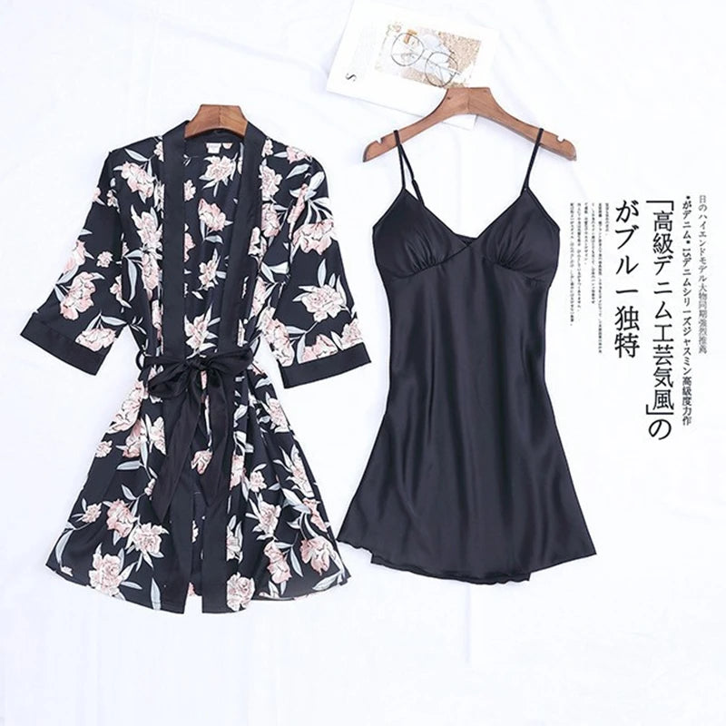 Chic Floral Print Summer Pajama Set with Belted Cardigan and Padded Slip Dress for Women