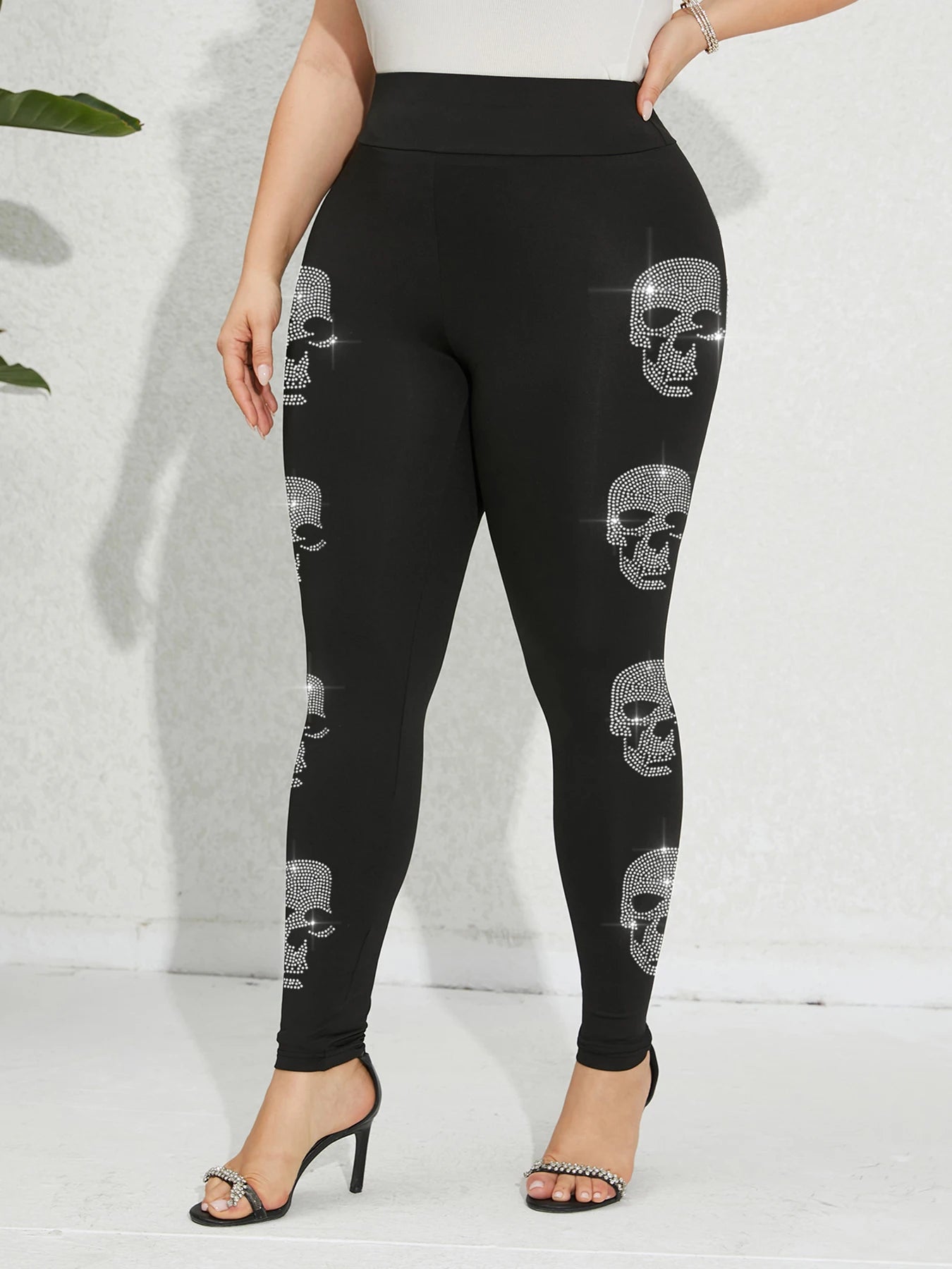 Plus Size Women's Skeleton Rhinestone Leggings - Elastic Sports Tights for Casual Winter Wear