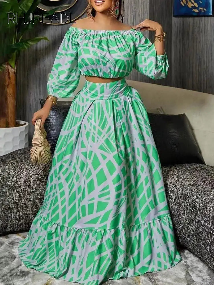 Chic Autumn Boho Print 2-Piece Set: V-Neck Crop Top & Flowing Long Skirt for Elegant Casual Wear