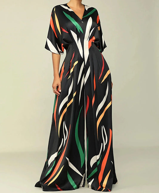 Spring 2024 Women's Chic V-Neck Print Jumpsuit with Wide Legs and Half Sleeves