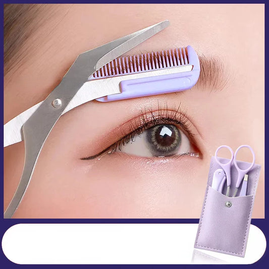 Fashionable Purple Eyebrow Grooming Kit: Foldable Trimmer, Comb, Scissors & Precision Tweezers - 2023 Collection