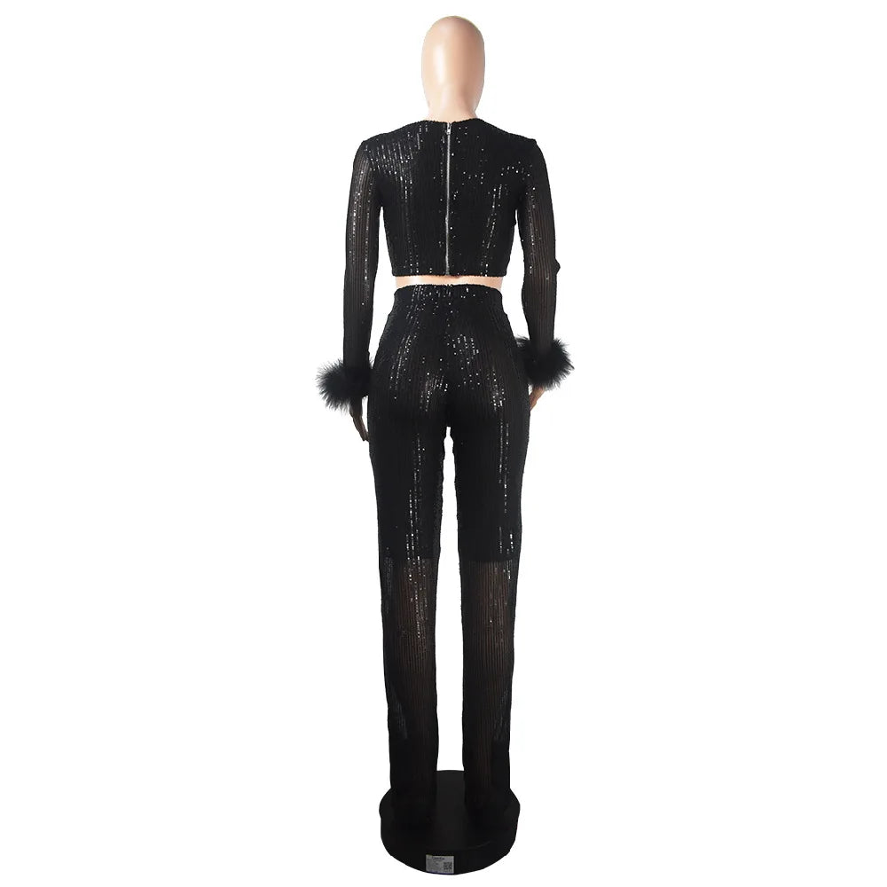 Chic Autumn V-Neck Sequin Jumpsuit with Feather Accents for Women