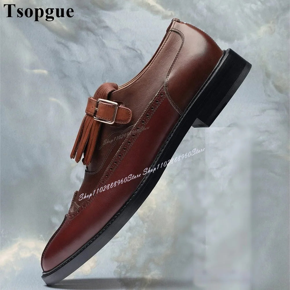 Elegant Brown Tasseled Buckle Strap Split Toe Flats for Men - Stylish Casual & Party Footwear 2024