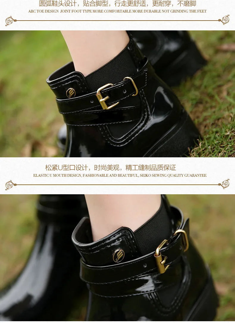 Stylish Waterproof Ankle Rain Boots for Women - PU Leather Slip-On Booties for All Seasons