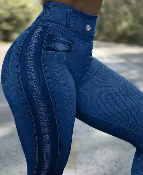 2024 Fall/Winter (S.M.L) Women's High-Waisted Elastic Denim-Look Leggings for Fitness and Yoga