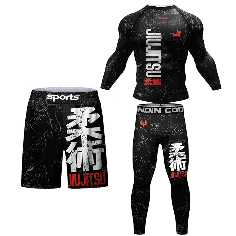 4-Piece Men's Jiu Jitsu Rashguard Set: MMA T-Shirt, Pants & Gym Shorts for Brazilian Grappling and Boxing