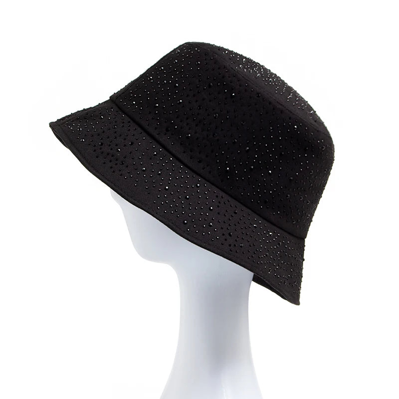 Chic Rhinestone-Studded Y2K Bucket Hat for Women - Stylish Cotton Panama Cap for Spring and Summer Escapades