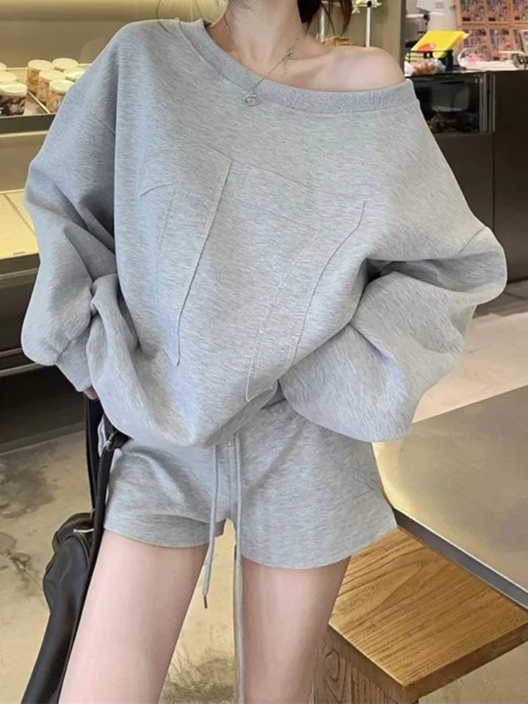 Korean Fashion Gray Sport Style 2 Piece Set Loose Pullovers + Short Pant Women Autumn High Waist Slim Casual Sweatshirt New 2024