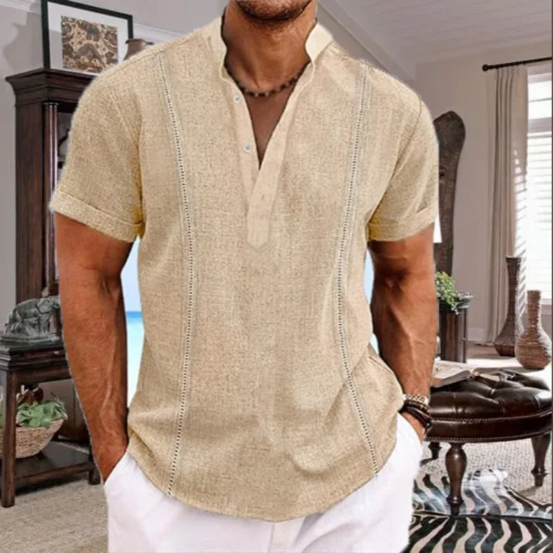 Men's Premium Cotton Linen Summer Guayabera Pullover Shirt with Stylish Henry Collar