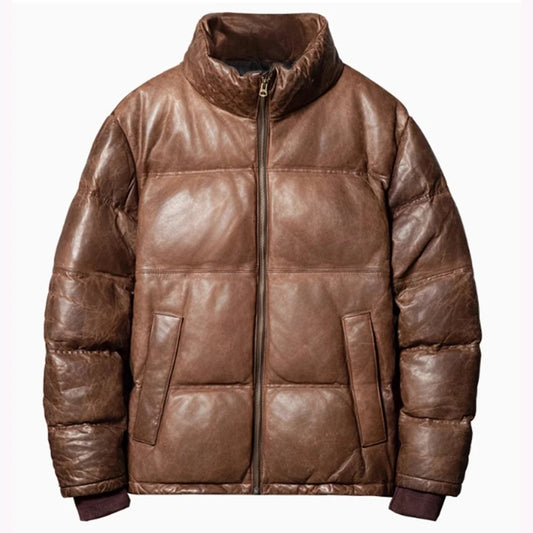 Men's Luxury Sheepskin Leather Down Jacket - Premium Duck Down-Filled Windbreaker, Big & Tall Sizes Up to 5XL