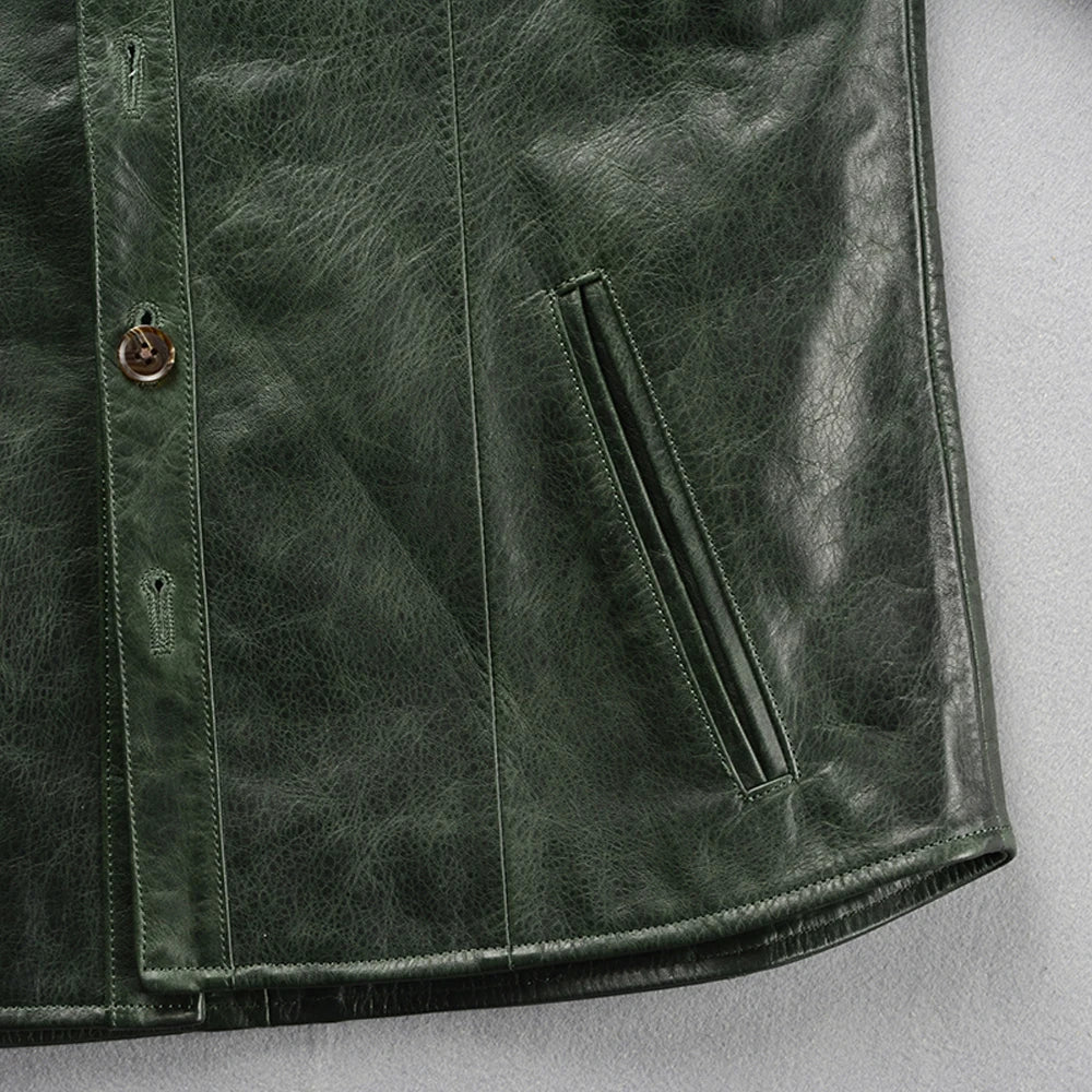 Big & Tall American M65 Horsehide Leather Jacket - Genuine Cowhide Overcoat in Green, Sizes Up to 6XL