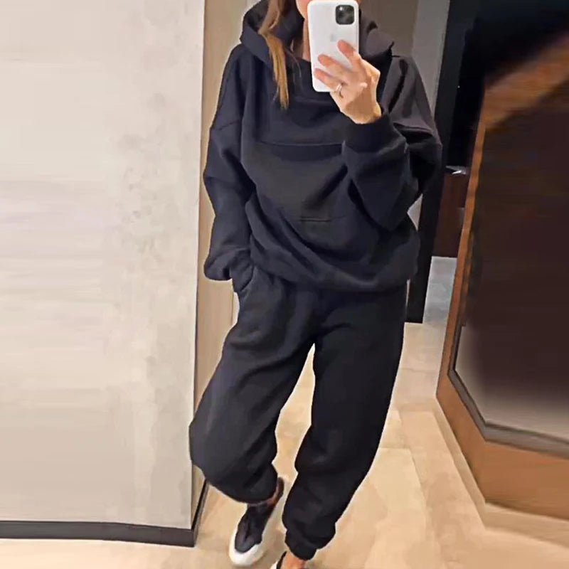 New Autumn Winter Thick Long Sleeved Hoodie Sets Casual Pocket Pants Sports Suit Women's Fashion Solid Loose Sweatshirt Outfits