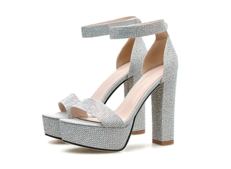 Liyke Elegant High Heel Rhinestone Platform Sandals for Women - Open Toe Ankle Strap Summer Wedding Party Shoes