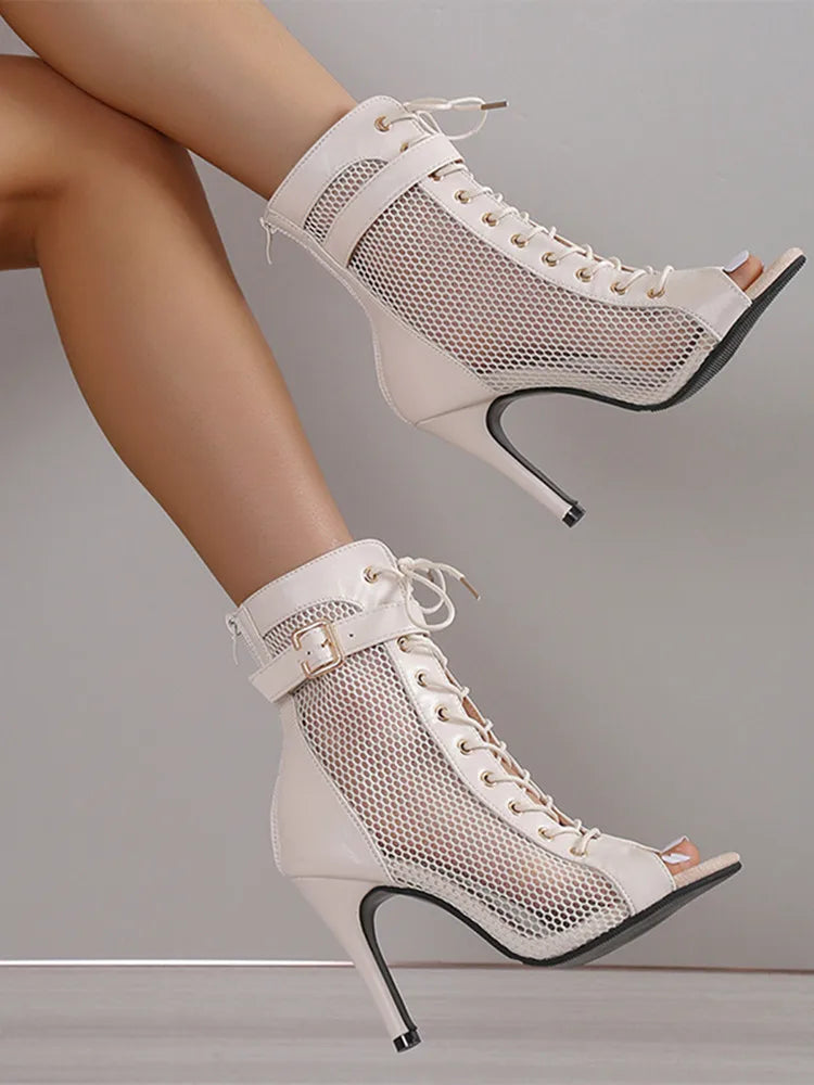 Beige Lace-Up Stiletto Sandals with Hollowed Mesh and Belt Buckle for Women's Summer Dance Parties