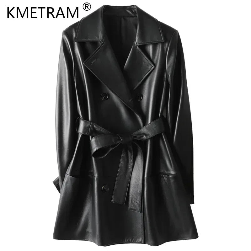 100% Genuine Leather Jackets Woman Korean Fashion Double-breasted Real Sheepskin Jacket Mid-length Elegant Leather Coat Outwear