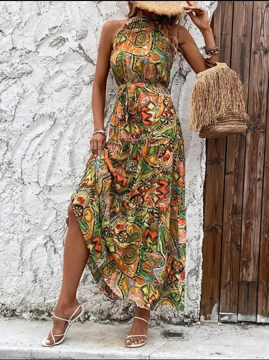 Summer Fashion Print Slip Sleeveless Waist Swing Dress Sexy Women Sashes Bohemia Dress Lady Long Maxi Vestido Vintage Robe Femme